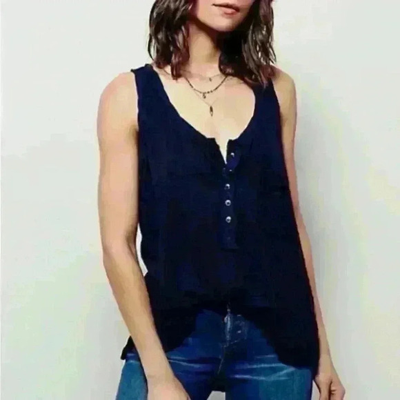 FREE PEOPLE Navy Blue Button-Front Tank Top - Picture 1 of 5